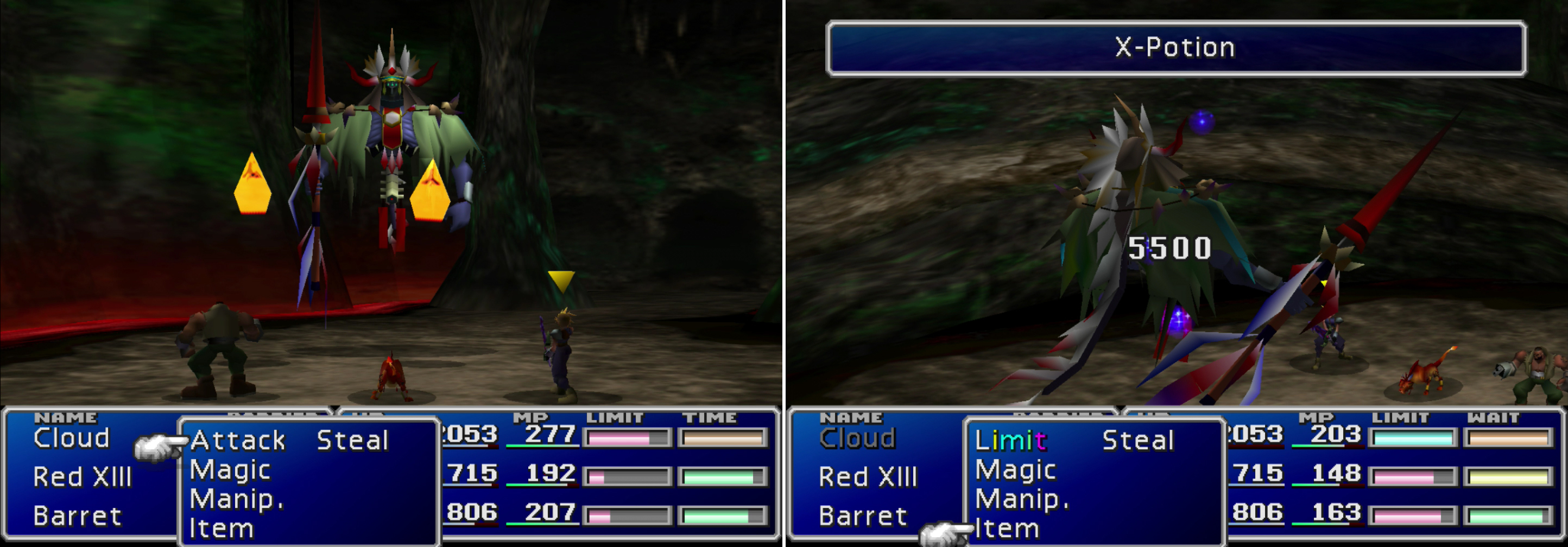 Gi Nattack is joined by two Soul Fire minion, who are only too happy to inflict fire damage on the party (left). If you've willing to spare an X-Potion, Gi Nattack can be killed in a single move (right). It doesn't pay to be undead in a Final Fantasy game.