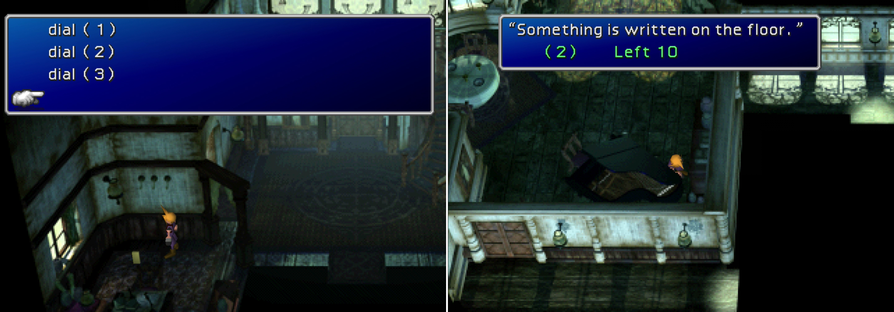 Search the room just west of the entrance to find the clues to a little game a former resident of the Shinra Mansion left behind. The first code is on the fourth, blank line under the clue (left). Another clue can be found behind a piano (right).