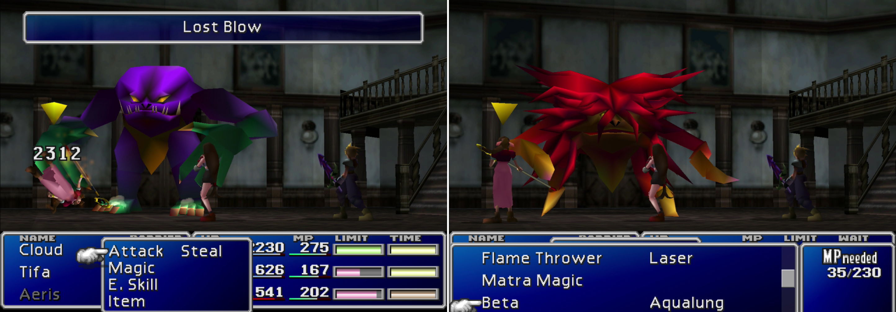 Depending on what type of damage (phyisical or magical) you deal to Lost Number at the beginning of the fight, it'll turn into either it's purple (left) or red (right) form later on. Considering the power of its "Lost Blow" attack (also left), it's wiser to try to trigger its red form.