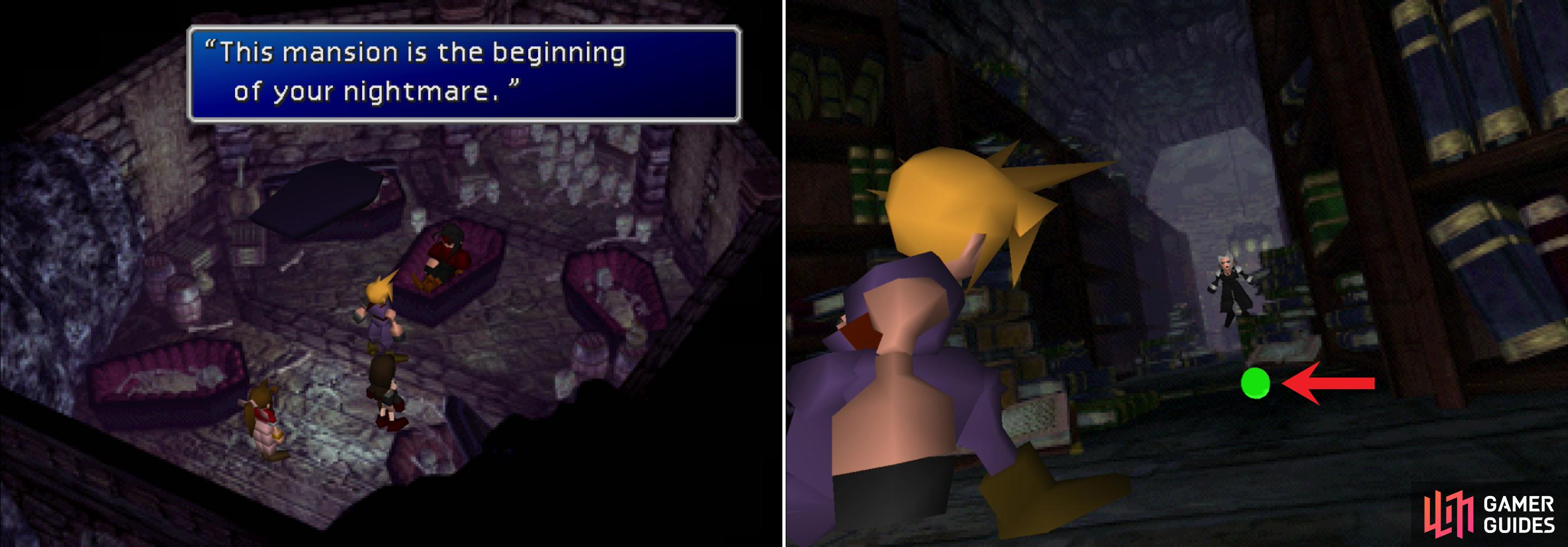 With the Key to the Basement in your hands, you can rouse a slumbering sinner in the bowels of the Shinra Mansion (left). If you continue into the offices youll have a brief encounter with Sephiroth, who tosses you a piece of Destruct Materia (right).