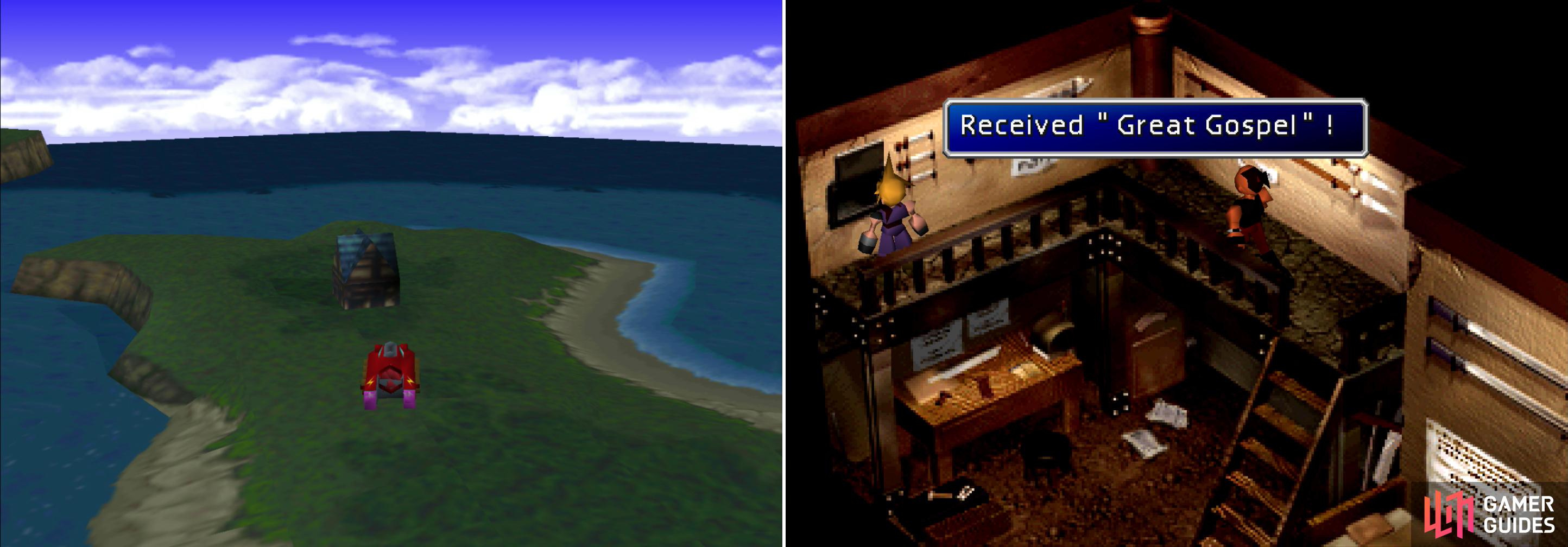 Head over to the isolated house near Gongaga (left) and trade the Mythril you got from the sleeping miner in for the Great Gospel; Aeris's ultimate Limit Break (right).