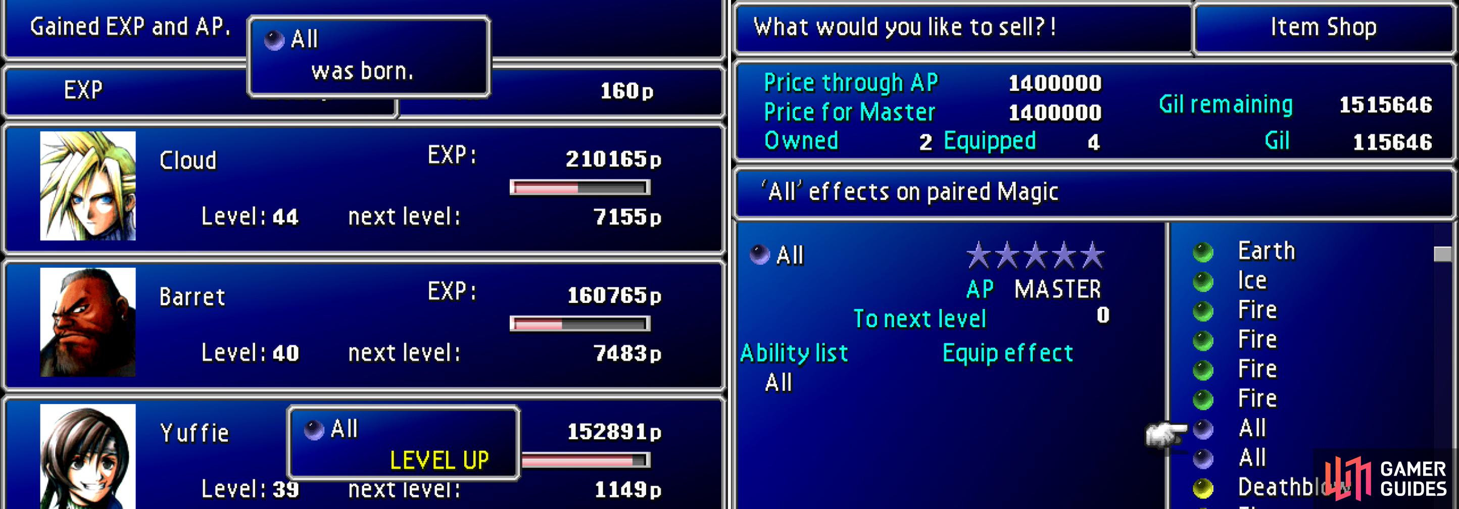 If you spend some time grinding near Mideel until you master a piece of All Materia (left) your money problems will be a thing of the past (right).