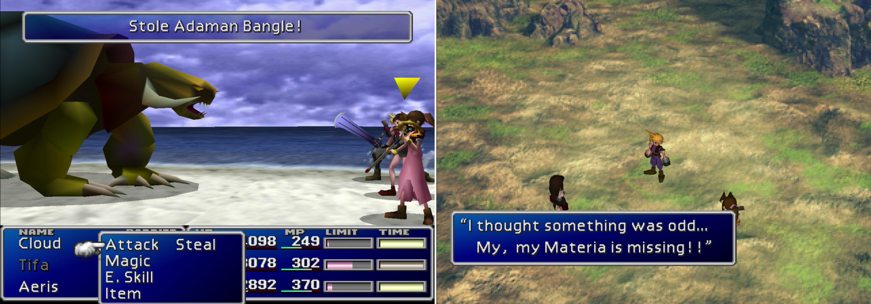 Learn the Death Force Enemy Skill from the Adamantaimai that prowl along Wutais beaches (left). After encountering some Shinra troops, the party will discover that Yuffie made off with some of their belongings (right).