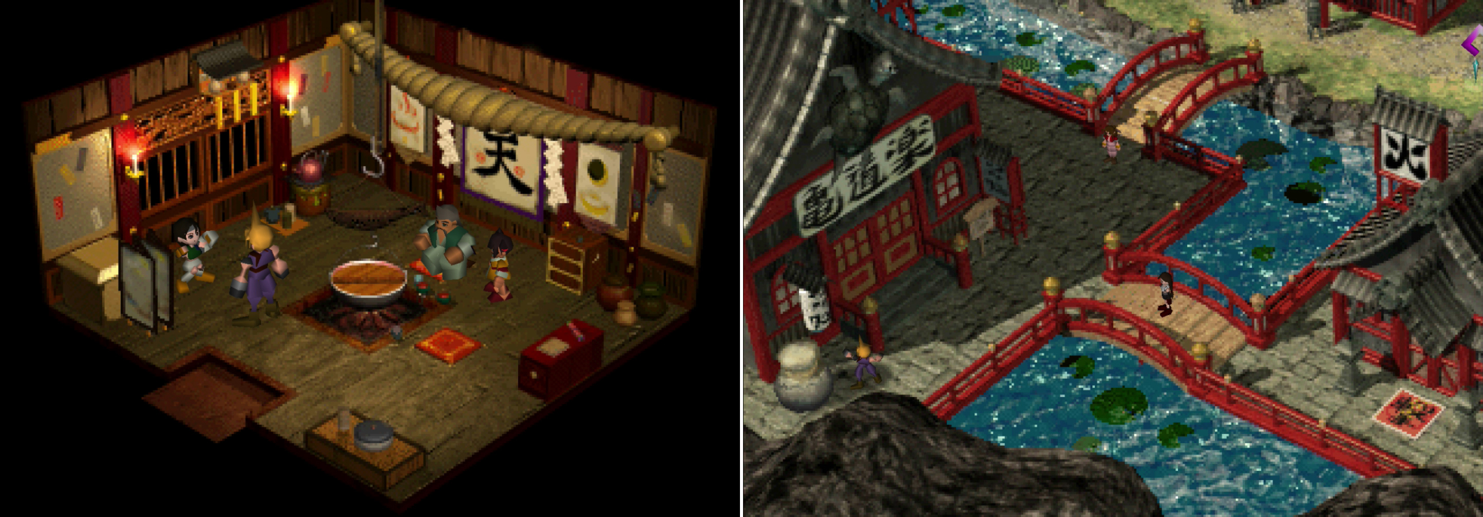 Find Yuffie lurking behind a screen (left), then set up an ambush for her as she hides in an urn near the Turtles Paradise (right).