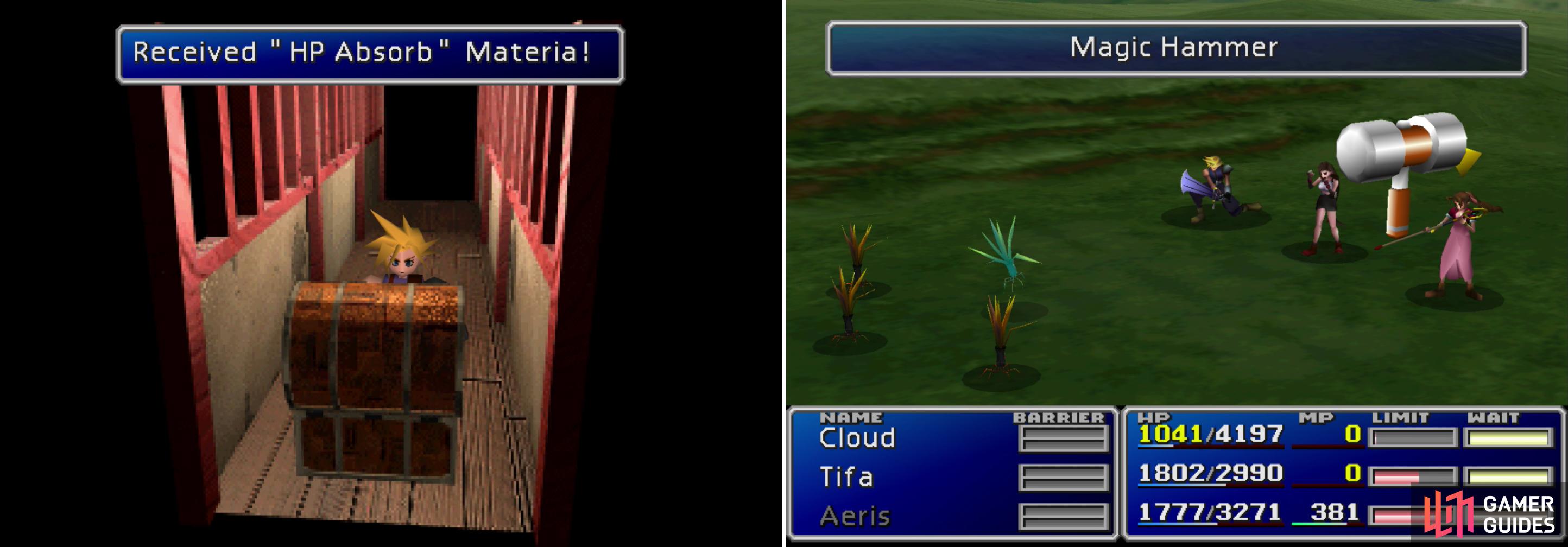 After recovering your Materia, find the HP Absorb Materia in the cat-filled house (left). Learn the Magic Hammer Enemy Skill from the Razor Weeds that dwell upon the grasslands outside of Wuiai (right).