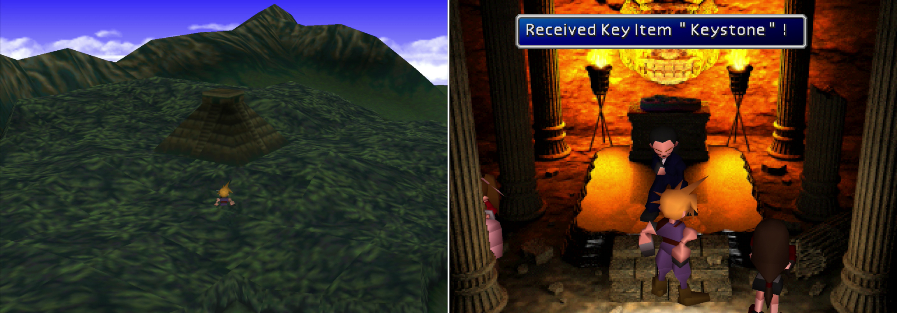 The Temple of the Ancients can be found in the midst of a jungle on an island south of Junon (left). Inside, an injured Tseng will hand over the Keystone, and reveal that your nemesis is inside (right).