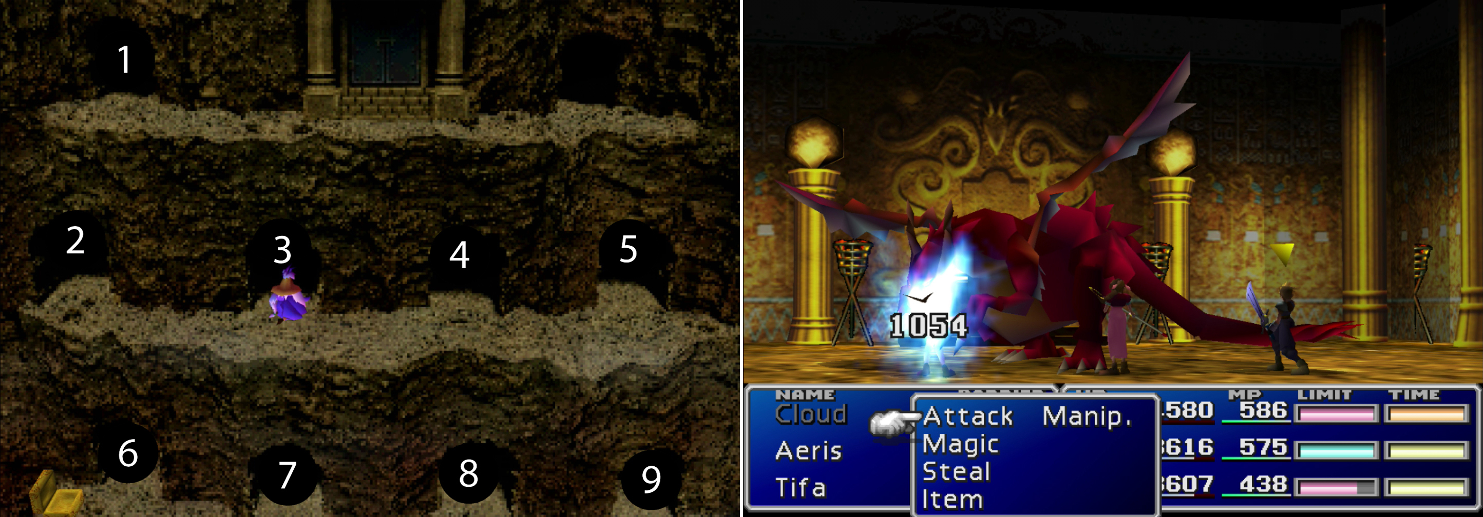 Chase the Ancient Spirit in and out various doors, Scooby-Doo style, the numbers on the image correspond to the directions give in the next (left). The Red Dragon uses plenty of fire elemental attacks and can deal decent damage, but it's not an overly dangerous foe (right).