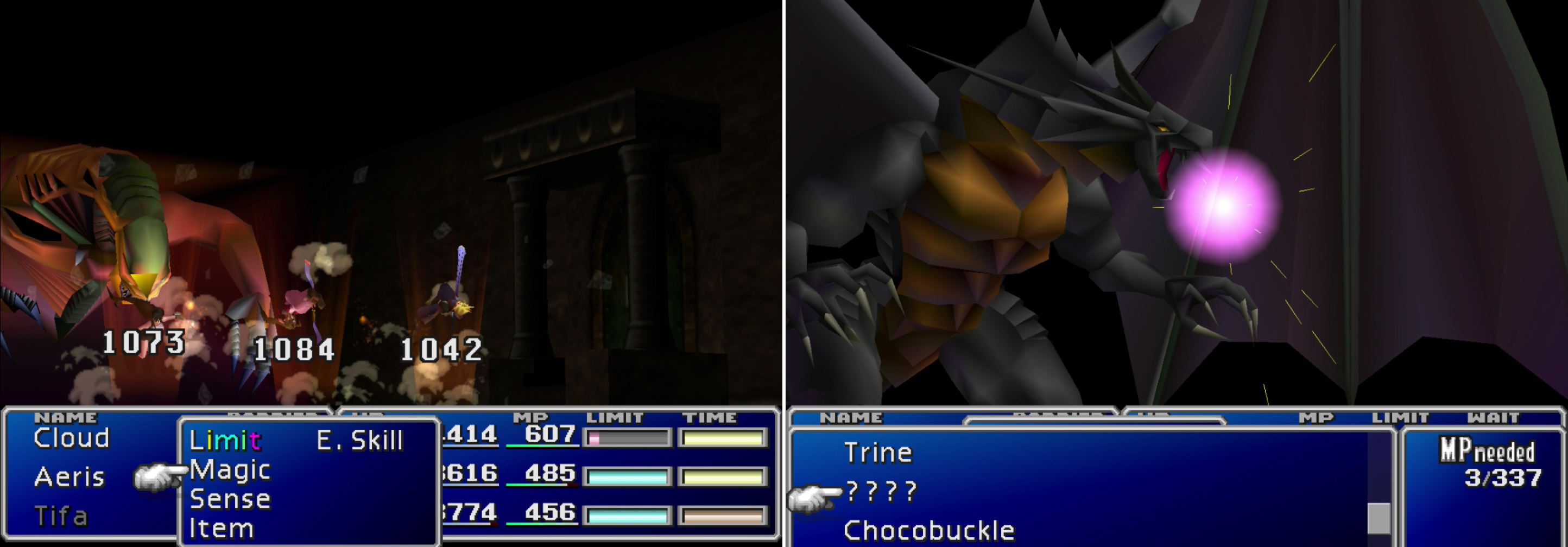 The Demons Gate's "Demon Rush" attack can deal heavy damage to the entire party (left). Consider employing your new-found Bahamut Materia to shave off a hefty chunk of damage from this boss (right).