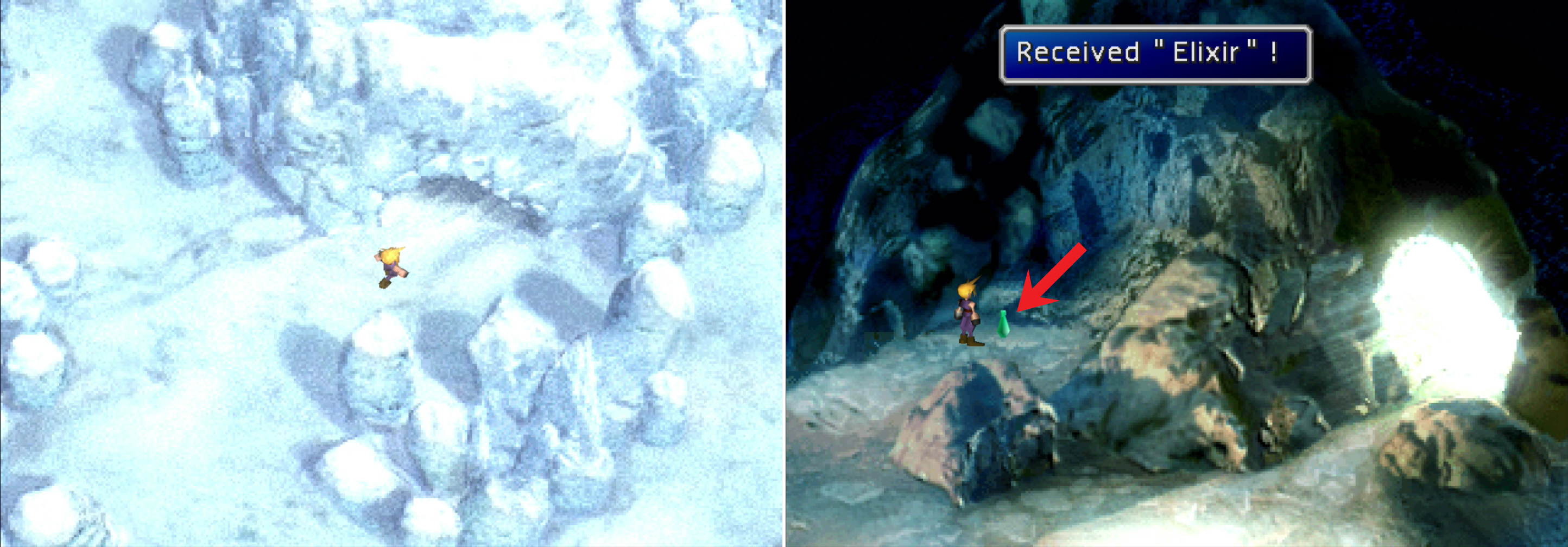 In the Ice Pillars area, enter the cave (left) and grab the Elixir inside (right).