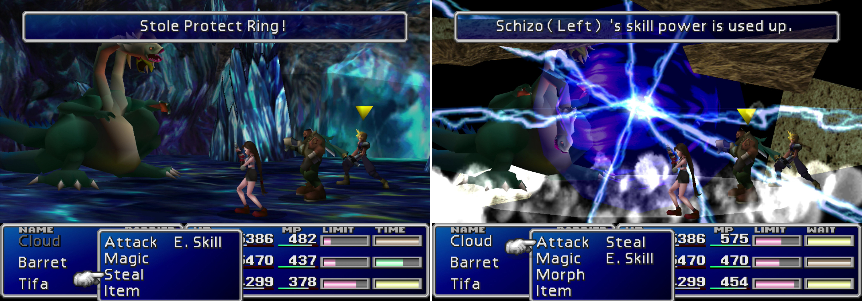 Steal a Protect Ring from Schizo's right head (left). When you destroy each head, they'll counter with a final attack (right).