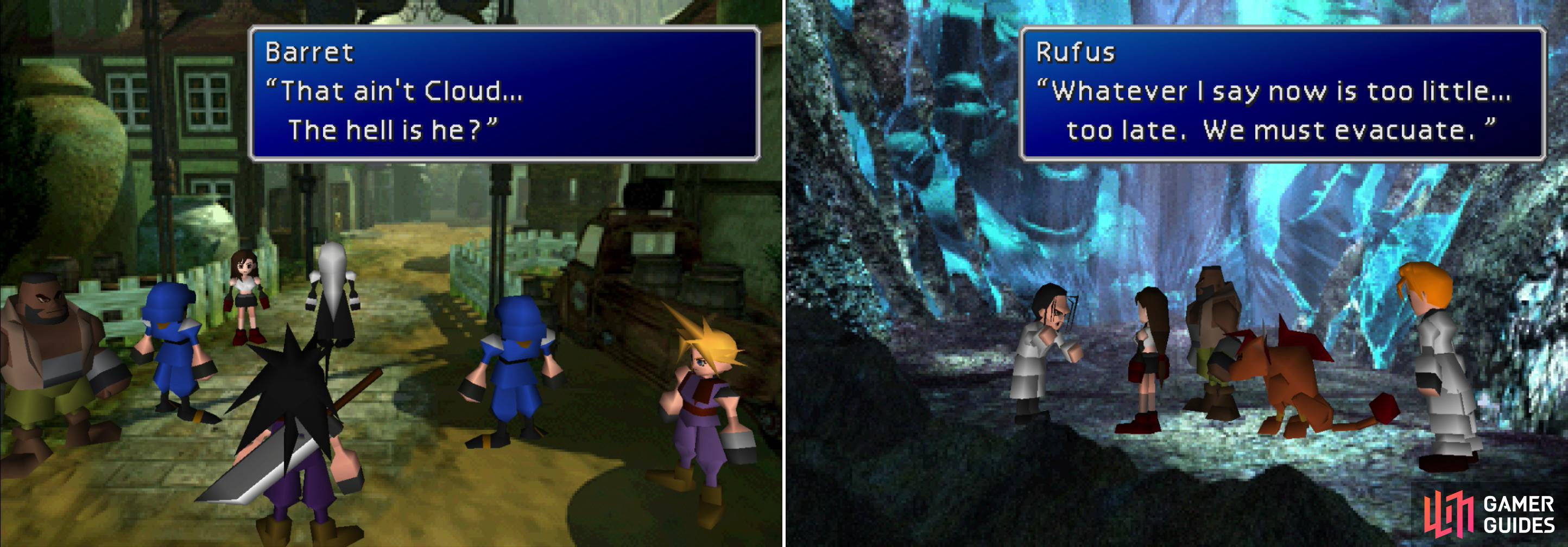 As Cloud closes in on the Promised Land, Sephiroth plays mind tricks with him by showing him illusions that call his past into question (left). After Clouds encounter with Sephiroth, the party and Shinra make odd bed-fellows (right).