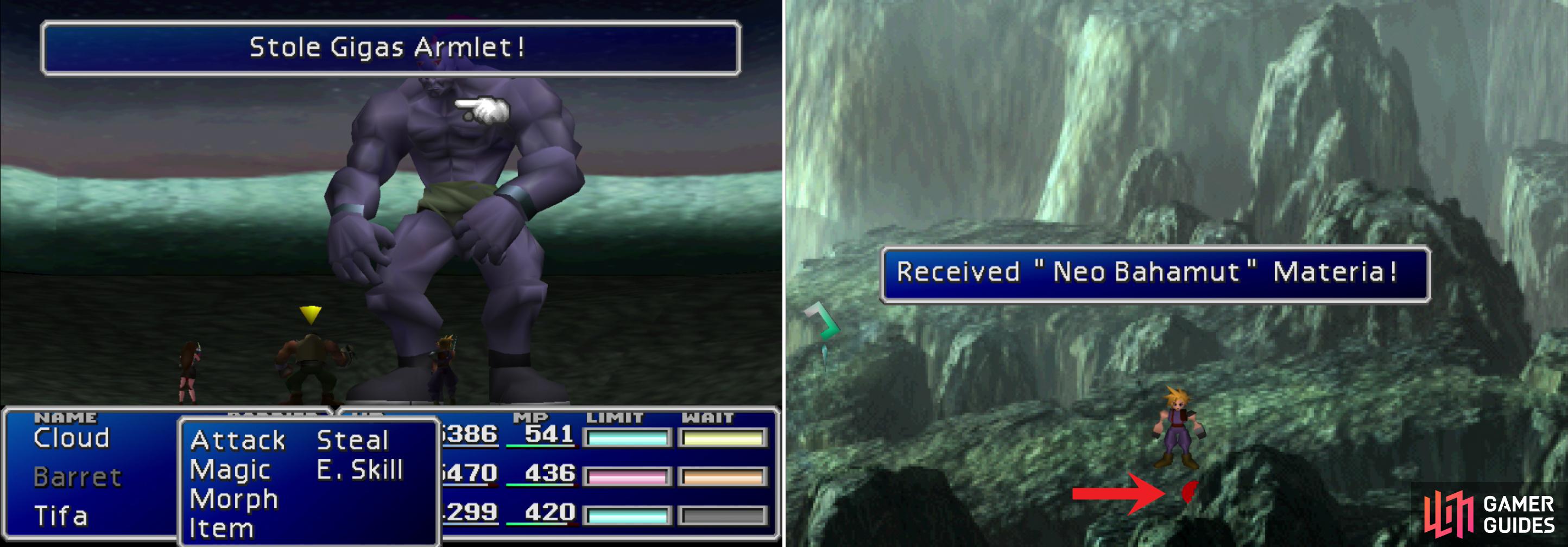 You can steal Gigas Armlets from aptly named Gigas foes (left). Be sure to grab the Bahamut Materia lying on the ground in the Whirlwind Maze (right).