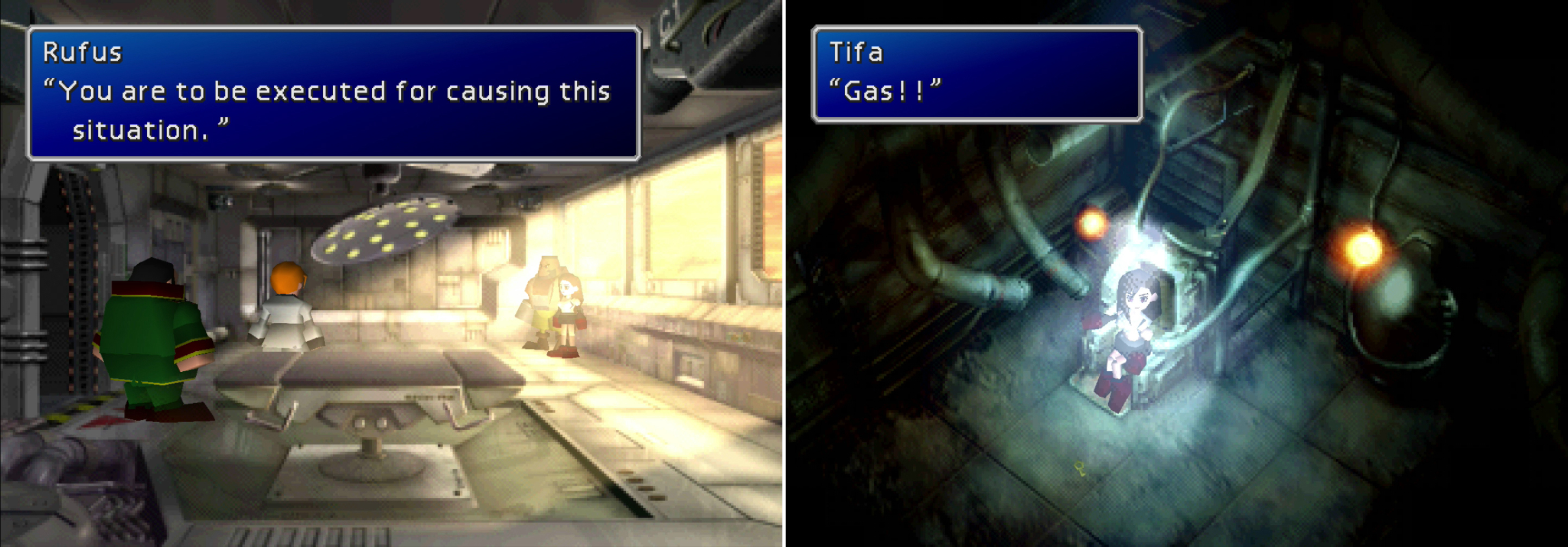 Rufus decides to make the best out of a bad situation and use the party as scapegoats (left). When Sapphire Weapon attacks, Tifa finds herself in a dire predicament (right).