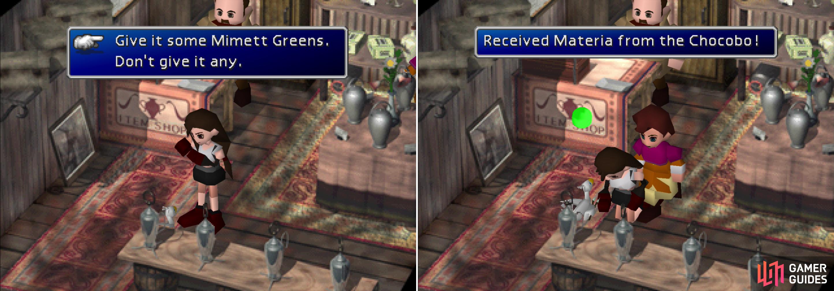 Give the greedy Chocobo some Mimett Greens and scratch behind its ear (left). For pleasing the Chocobo it'll reward you with Contain Materia (right).