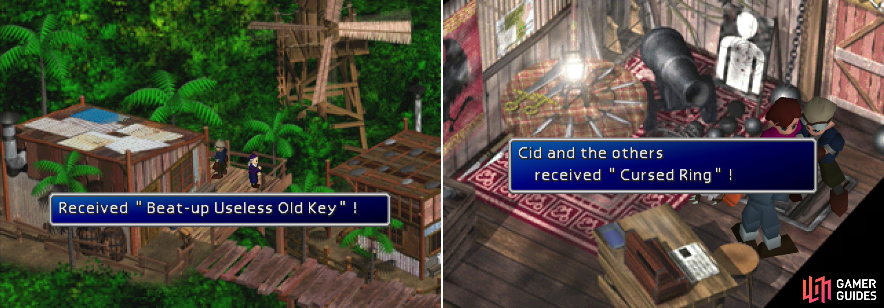 Find the "Beat-up Useless Old Key" near the accessory shop (left) then try to open the "locked" door in the weapon shop to get the Cursed Ring (right).