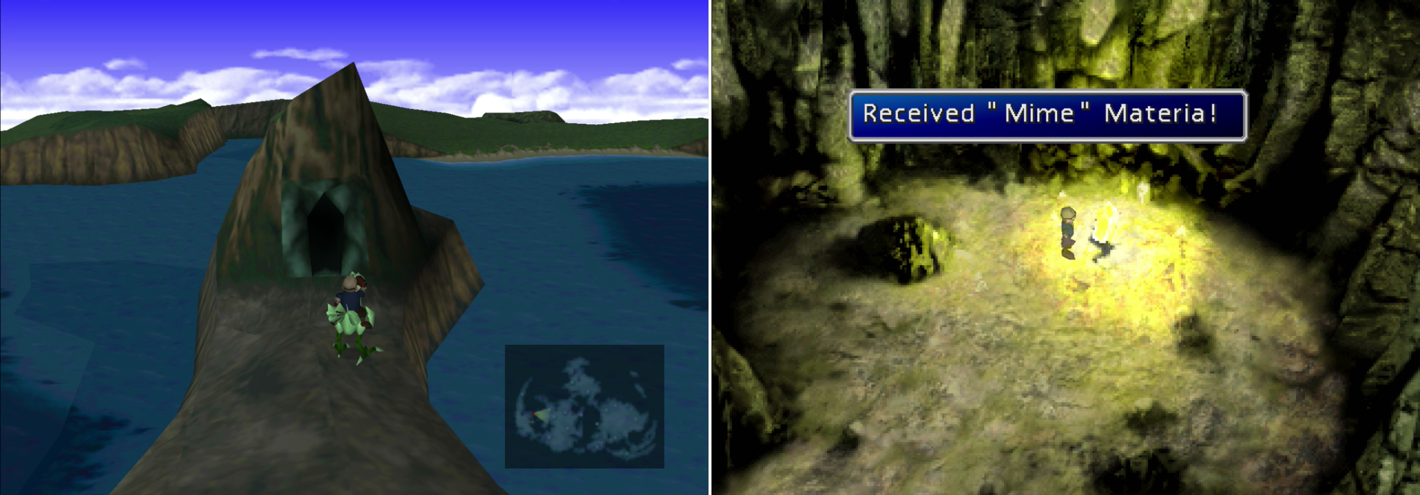 Find a cave near Wutai, which can be reached by riding a Green Chocobo (left). Inside youll find the immensely useful Mime Materia (right).