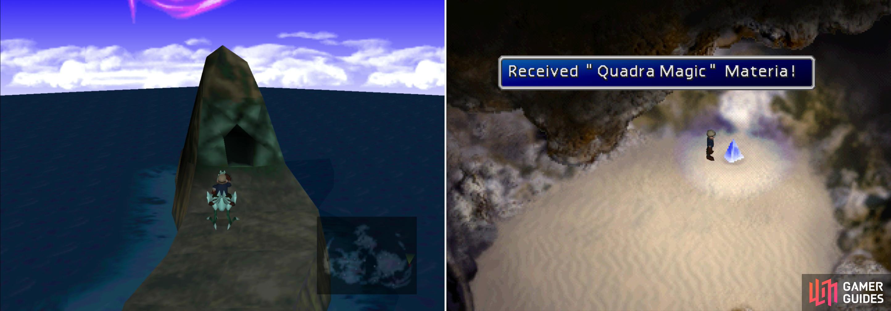 On the northern end of the island chain of which Mideel is part youll find a cave which can be reached with a Blue Chocobo (left). Inside is the useful Quadra Magic Materia (right).
