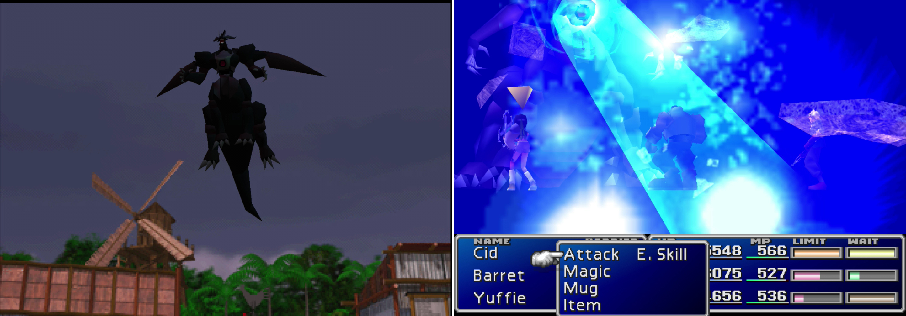As the Lifestream threatens to erupt, Ultimate Weapon shows up to complicate matters (left). His "Ultima Beam" is fairly powerful, but Ultimate Weapon's heart isn't in this fight (right).
