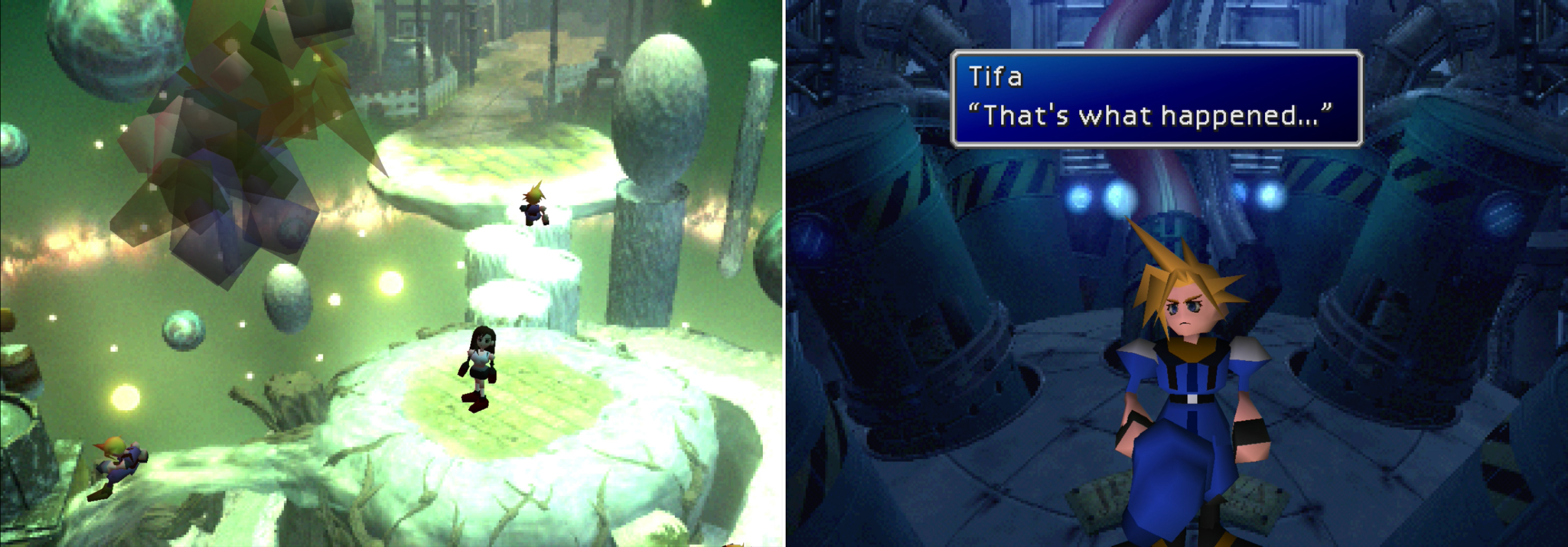 Tifa will have to help Cloud reassemble the broken fragments of his consciousness in the Lifestream (left). After picking through Clouds repressed memories, the truth will finally be revealed (right).