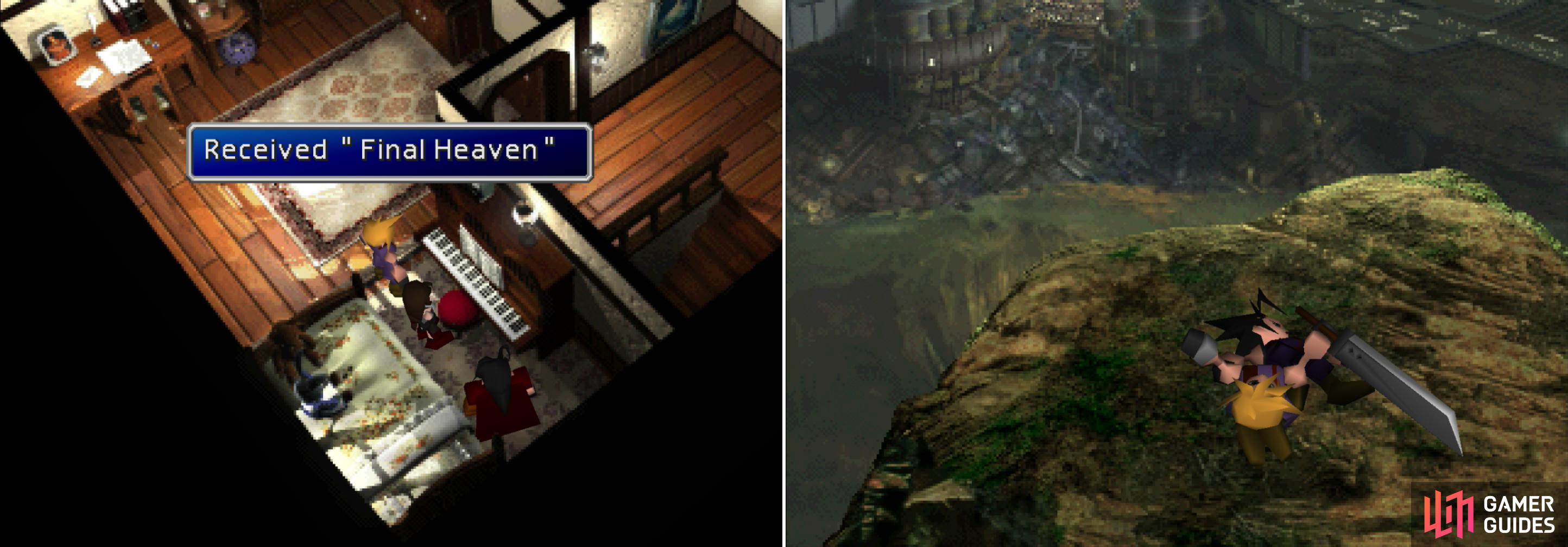 Play Tifa's piano one final time to score her ultimate Limit Break (left) then return to the Shinra Mansion to find out more of Cloud's backstory (right).