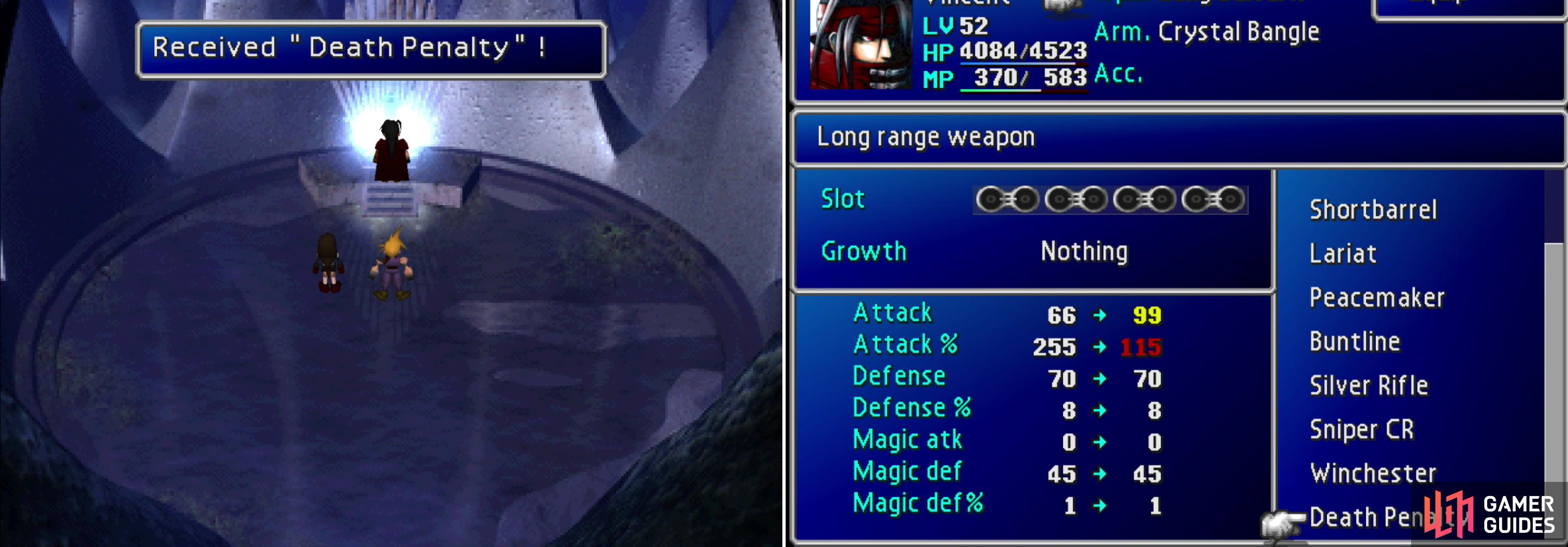 Visit Lucrecias cave behind the waterfall to obtain Vincents ultimate Limite Break, Chaos, and his ultimate weapon, Death Penalty (left). Boasting 99 Attack, this weapon charges the more foes Vincent kills (right).
