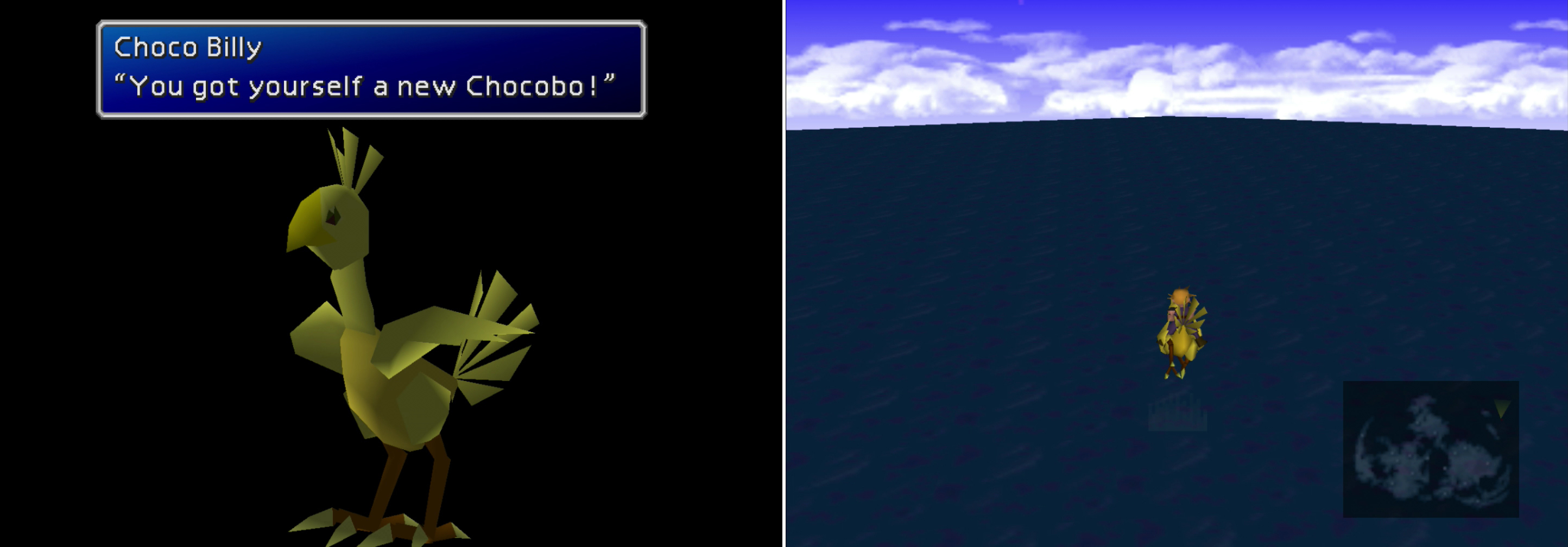 Breed a high-ranking "Wonderful" Chocobo and a Black Chocobo to get a Gold Chocobo (left). This king among Chocobos can cross mountains, rivers… even oceans! (right)