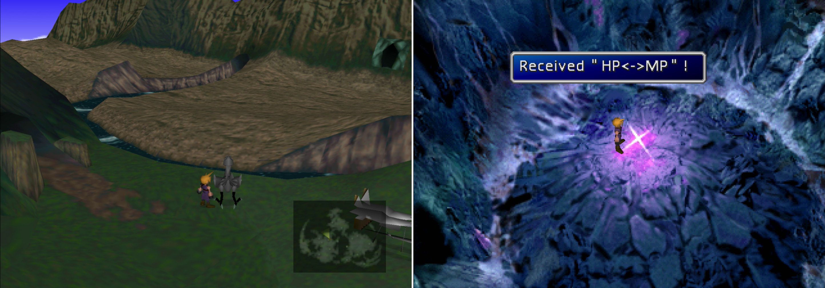 West of Costa del Sol you'll find a cave which can be reach by a Black Chocobo (left). Inside you'll find the… ah… under-whelming HP⇔MP Materia (right).