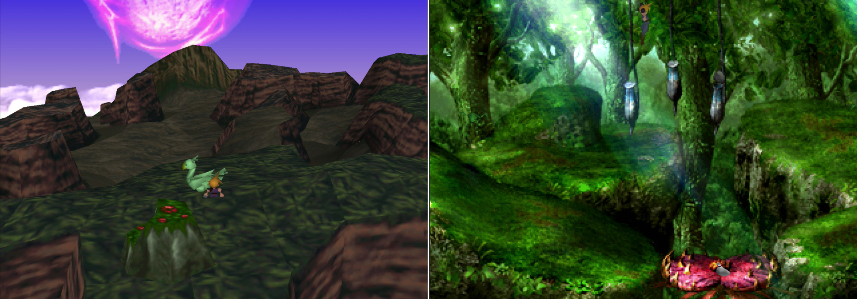 With a Green Chocobo you can find the Ancient Forest on jungle-covered high ground near Cosmo Canyon (left). Toss bugs or frogs in pitcher plants to create platforms you can use to navigate through the forest (right).