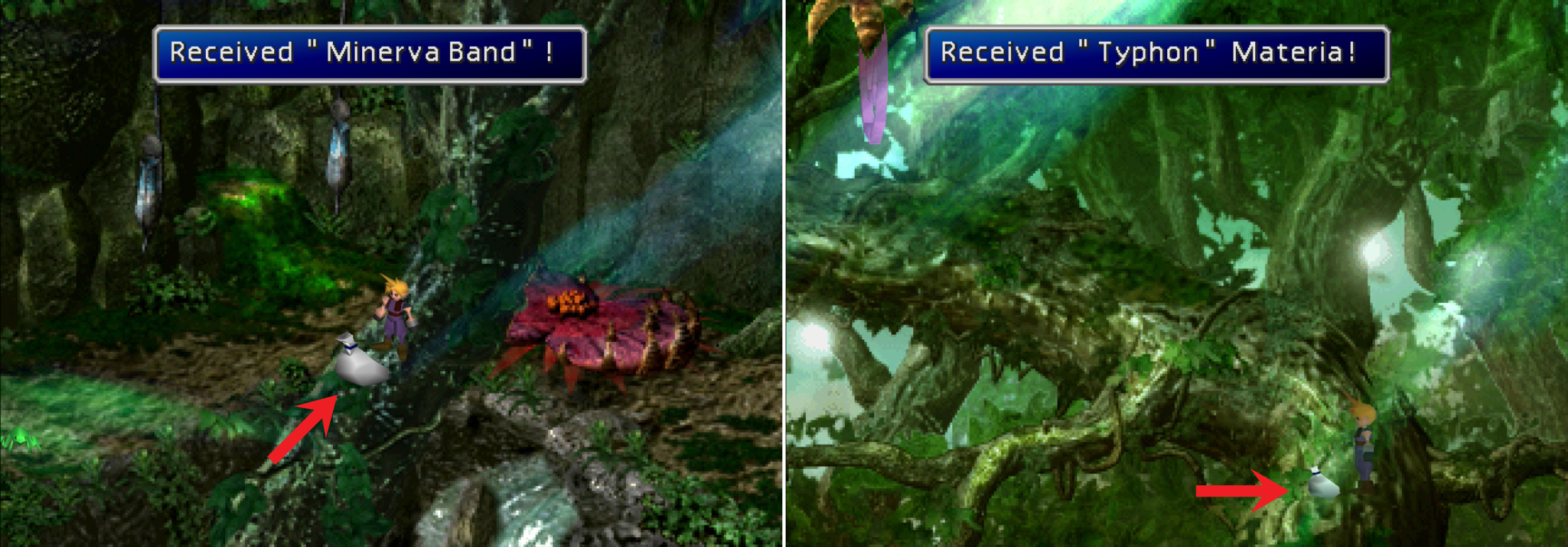 Climb down the branches of the large tree to score a Minerva Band, one of the best pieces of armor in the game (left). In the copse of the tree you can use several tongue plants to reach some Typhon Materia (right).