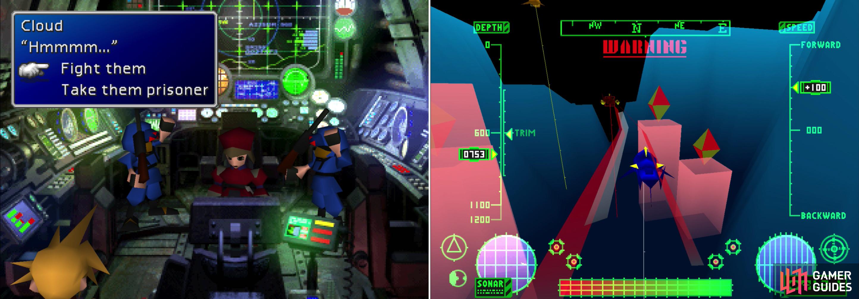Either kill or capture the command crew on the submarine (left) then hunt down and destroy the enemy submarine with the Huge Materia on it! (right)