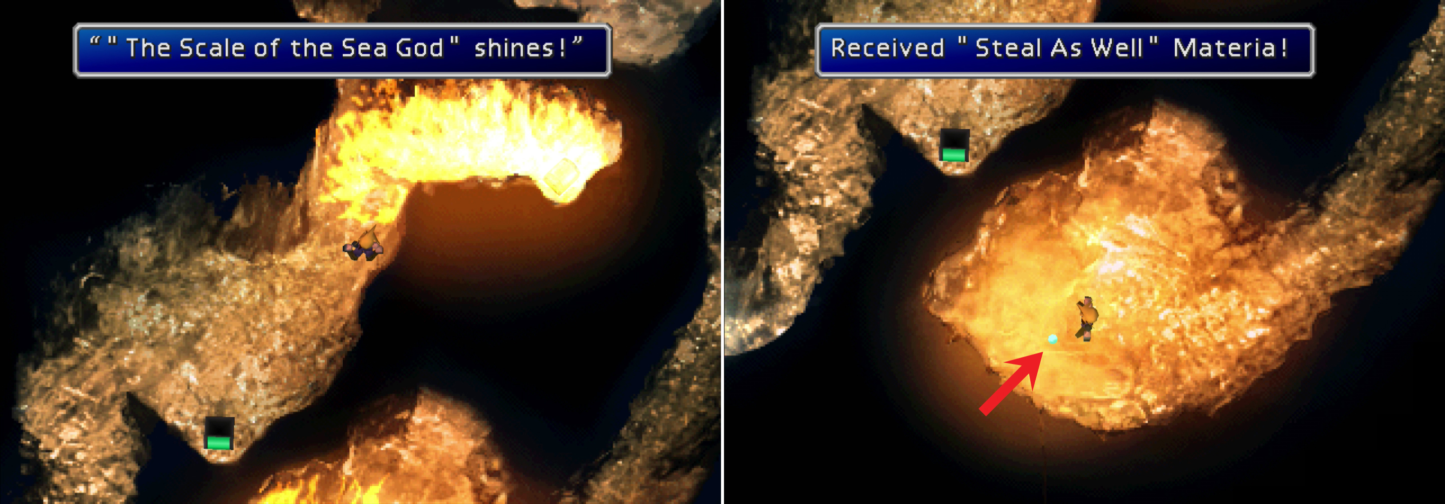 Use the Leviathan Scales to extinguish the flames in the caves on Da-chao (left) and claim some otherwise inaccessible loot, including the Steal As Well Materia (right).