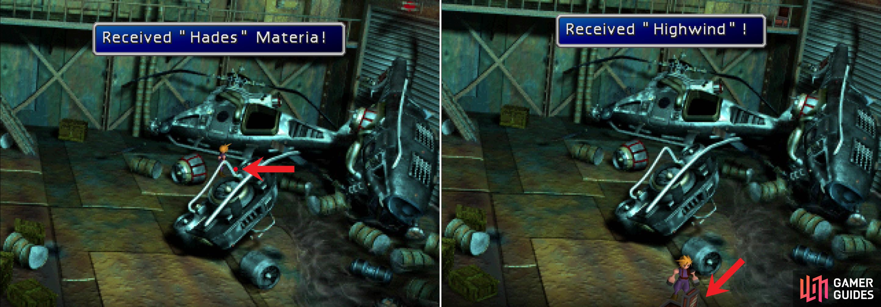 Find a piece of Hades Materia near a ruined helicoptor in the Cargo Room (left) then find Cid's ultimate Limit Break "Highwind" in a chest along the southern end of the Cargo Room (right).