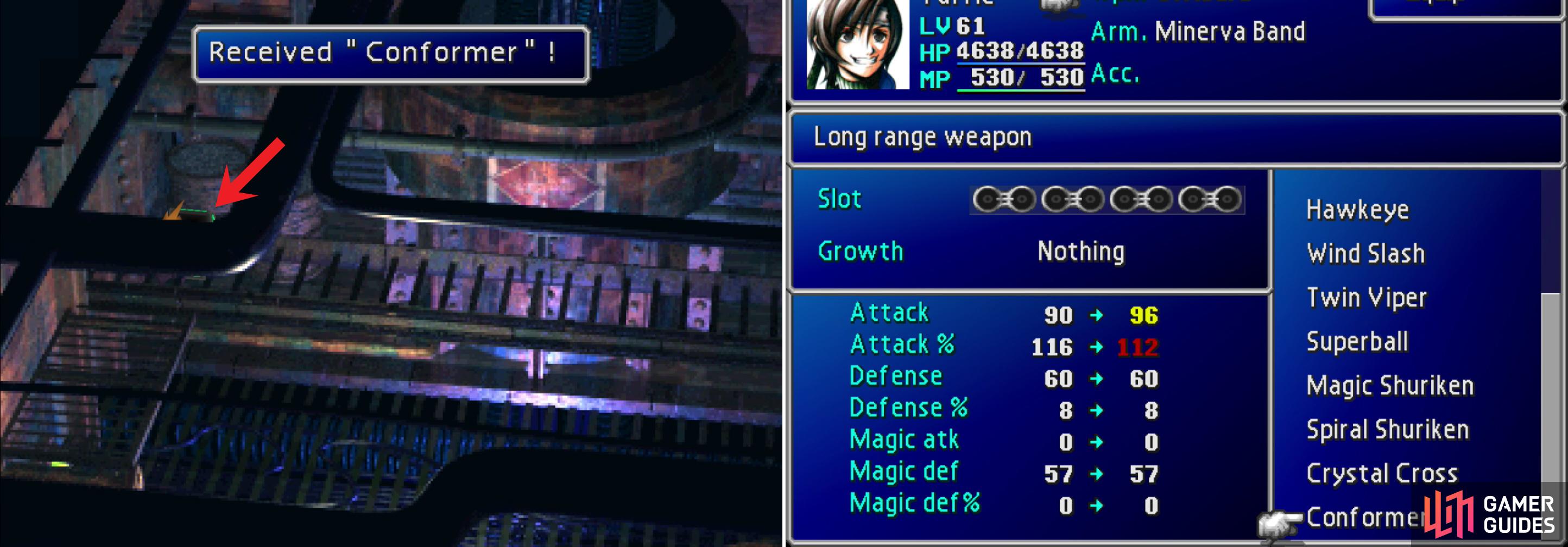 In a chest obscured by the foreground you'll find Yuffie's ultimate weapon, the Conformer (left). Not only is it Yuffie's most powerful weapon, it's also one of the strongest weapons in the game, thanks to how it charges (right).