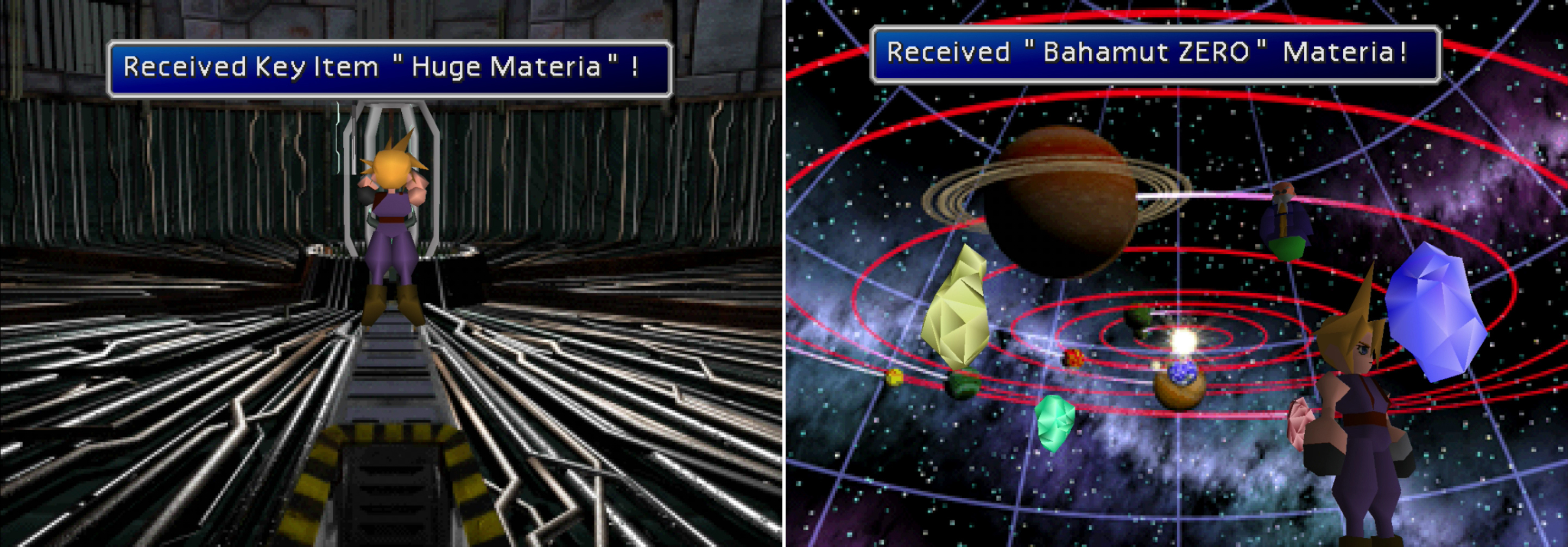 Enter the correct keycode to recover the Huge Materia (left). If you have all four Huge Materia you can interact with the blue piece to obtain the Bahamut ZERO Materia (right).