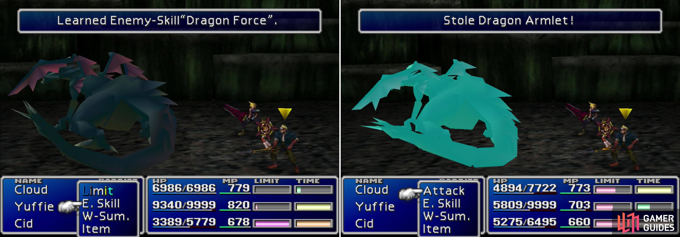 You can learn the "Dragon Force" and "Laser" Enemy Skills from Dark Dragons (left), you can also steal Dragon Armlets from them (right).