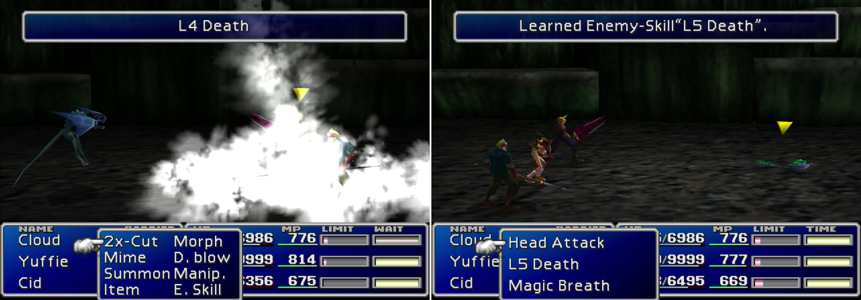 Gargoyles will cast "L4 Death" as a final attack before they die (left), be sure to protect yourself with "Death Force". You can learn the "L5 Death" and "Magic Breath" Enemy Skills from Parasites (right).