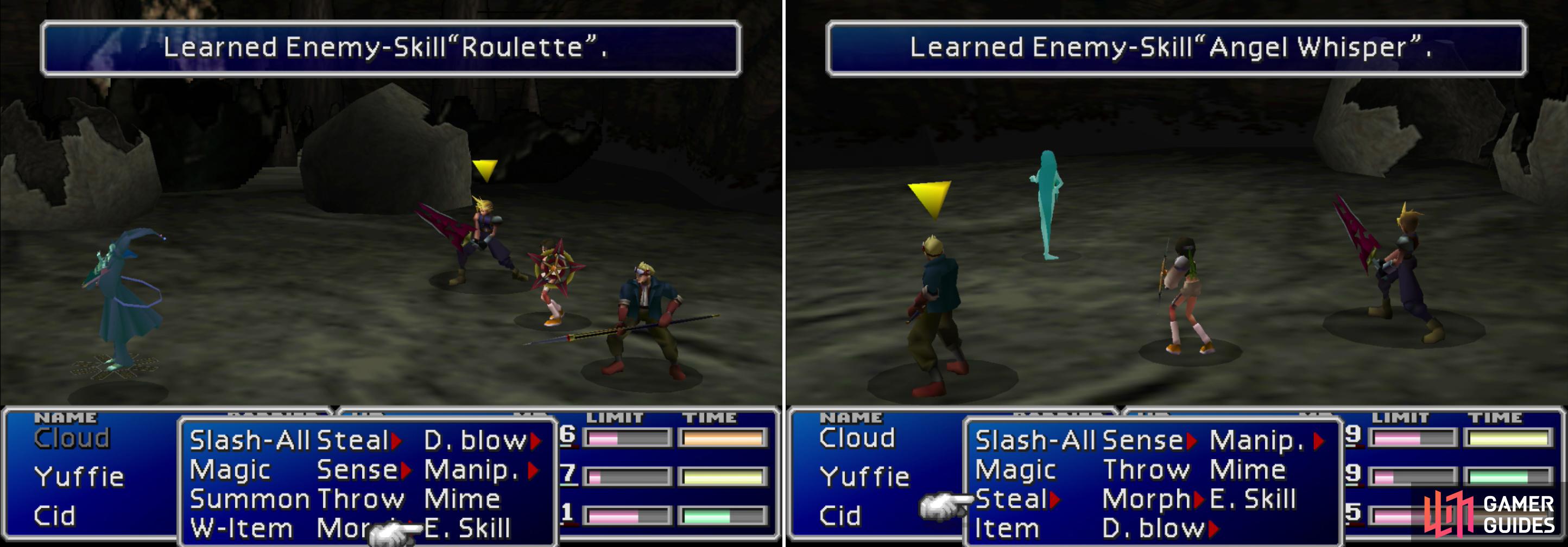 Learn the "Roulette" Enemy Skill from the Death Dealer (left) and the more useful "Angel Whisper" Enemy Skill from the Pollensalta (right).