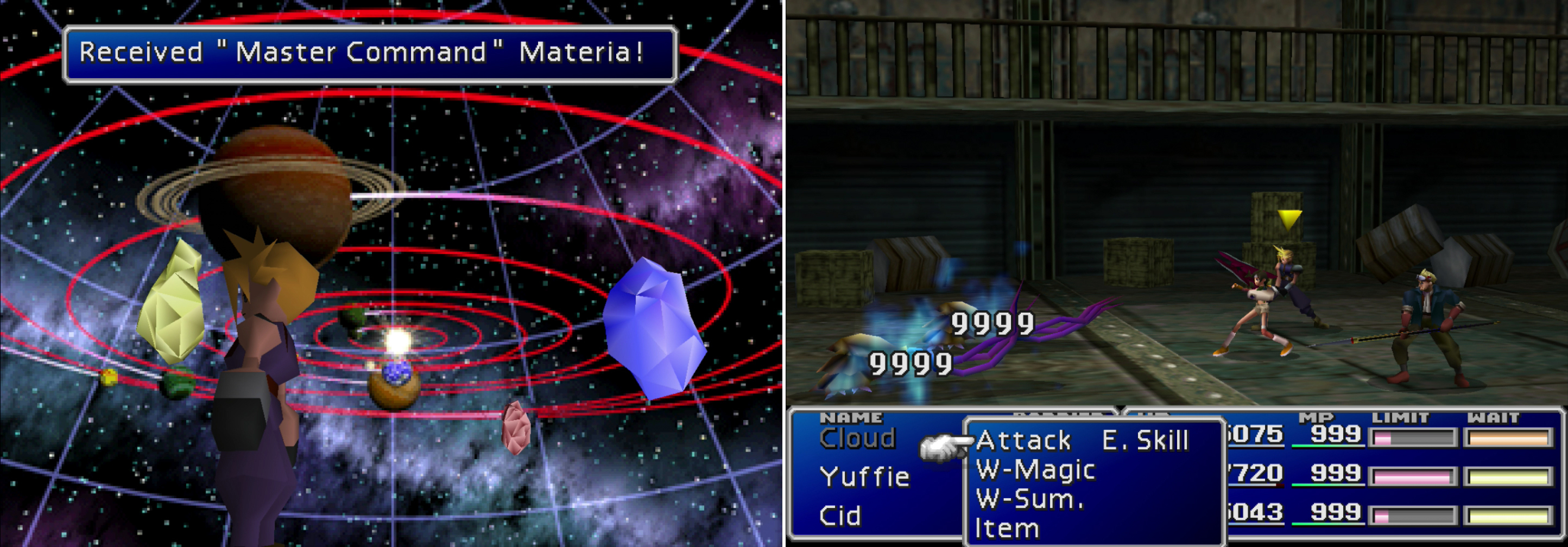 Master one of every type of command, summon or magic materia and you can obtain a piece of Master Materia from the Huge Materia you rescued (left). Yuffie - with her ultimate weapon - the Conformer is in league of her own when it comes to Morphing foes (right).