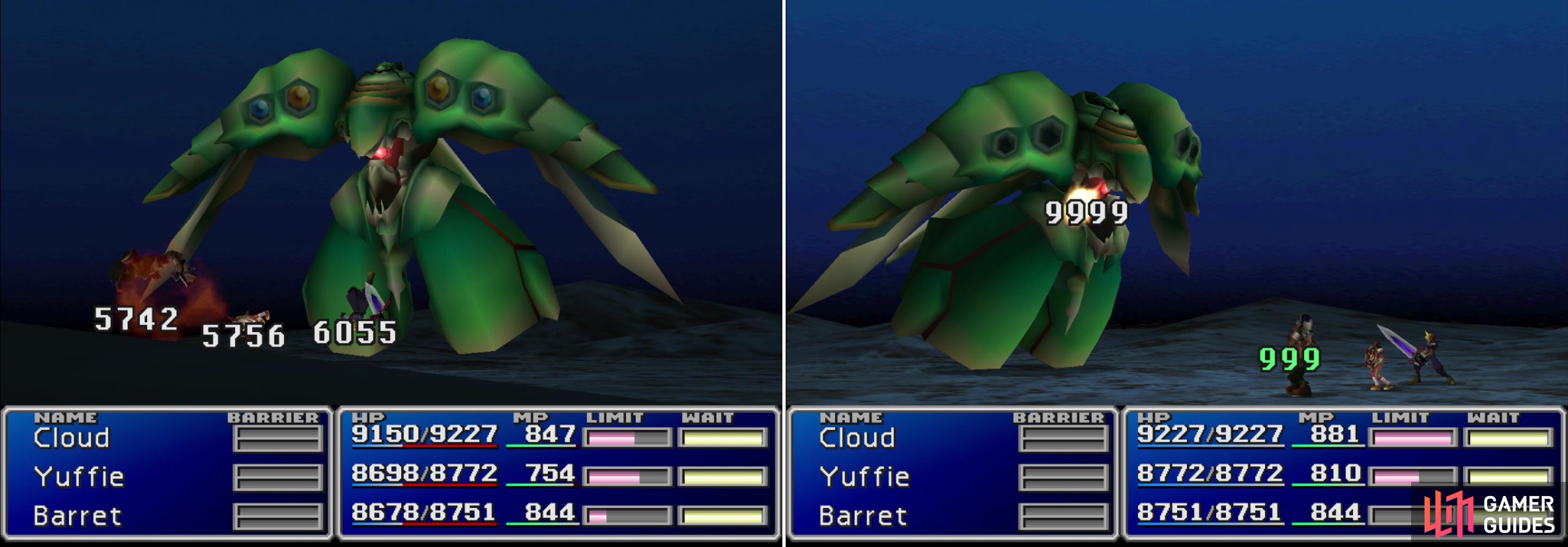 Emerald Weapon is on another level than Diamond and Ultimate Weapon were, expect to take thousands of damage from its basic attacks (left). Counter Materia, Mime Materia, Double Cut Materia and HP Absorb Materia can be combined to devastating effect (right).