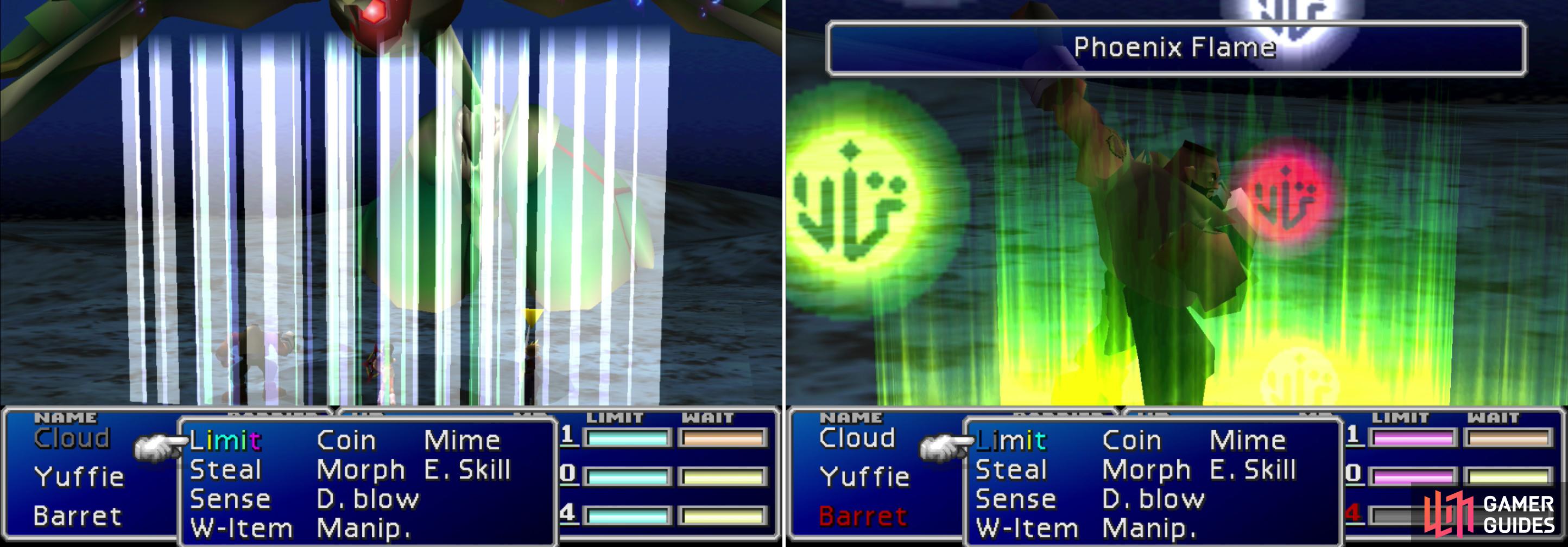 Emerald Weapon's Aire Tam Storm is easily its most dangerous attack, dealing 1111 damage per piece of Materia a character has equipped (left). Having Phoenix + Final Attack Materia equipped will revive the party in case they get wiped out (right).