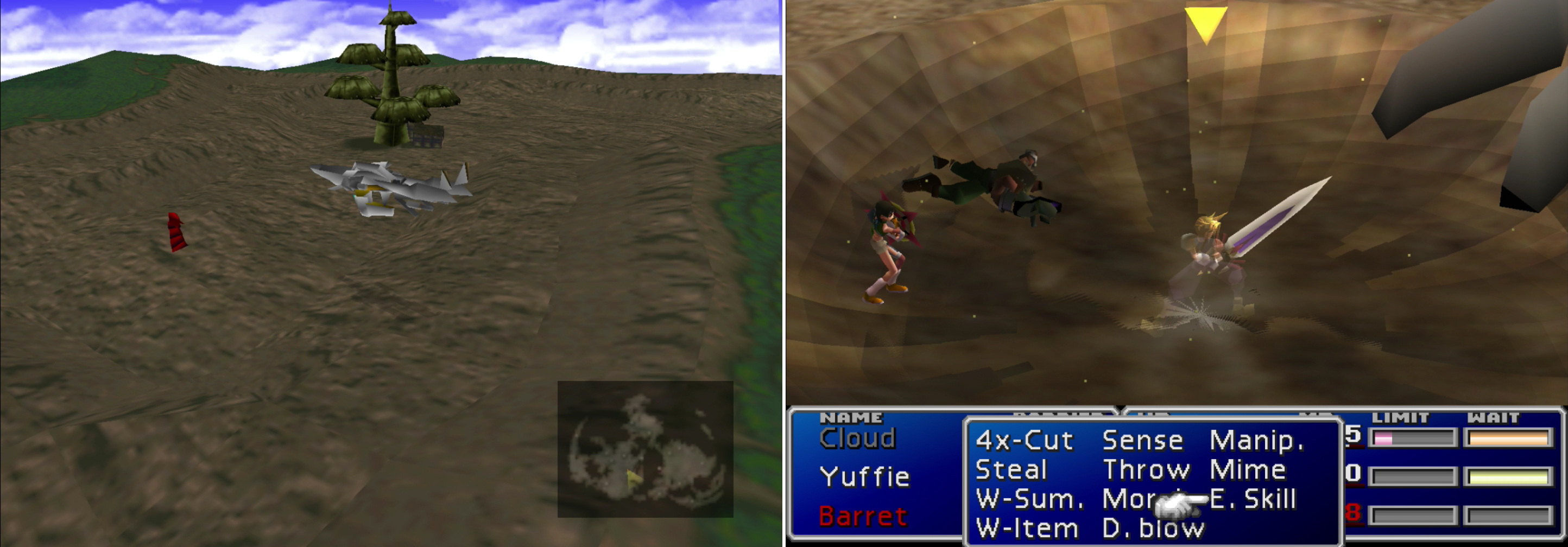 You can see Ruby Weapon lurking in the desert around the Gold Saucer (left). Enter combat with two characters dead, or Ruby Weapon will use "Whirlsand" to remove some character from the fight (right). Fighting Ruby Weapon at less than three-to-one odds is a recipe for disaster.