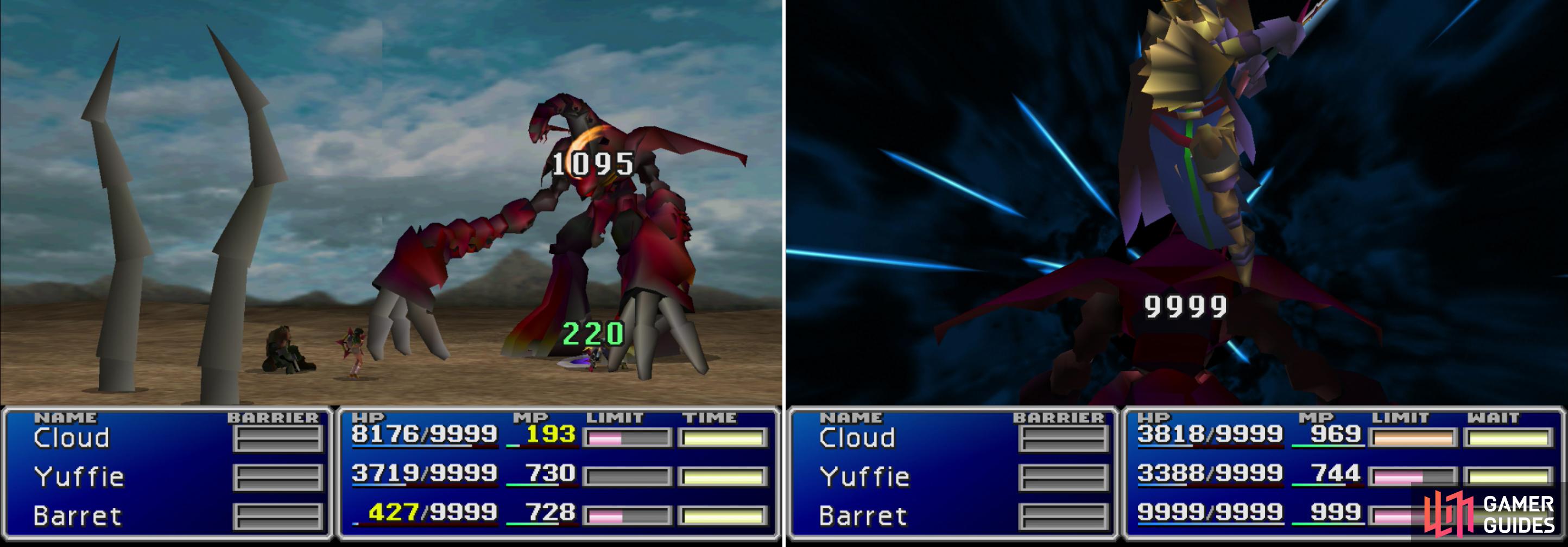 Ruby Weapon is highly resistant to physical attacks (left) so the Command Materia Strategy wont work here. Knights of the Round - perhaps boosted with MP Turbo - will deal massive damage, however (right).