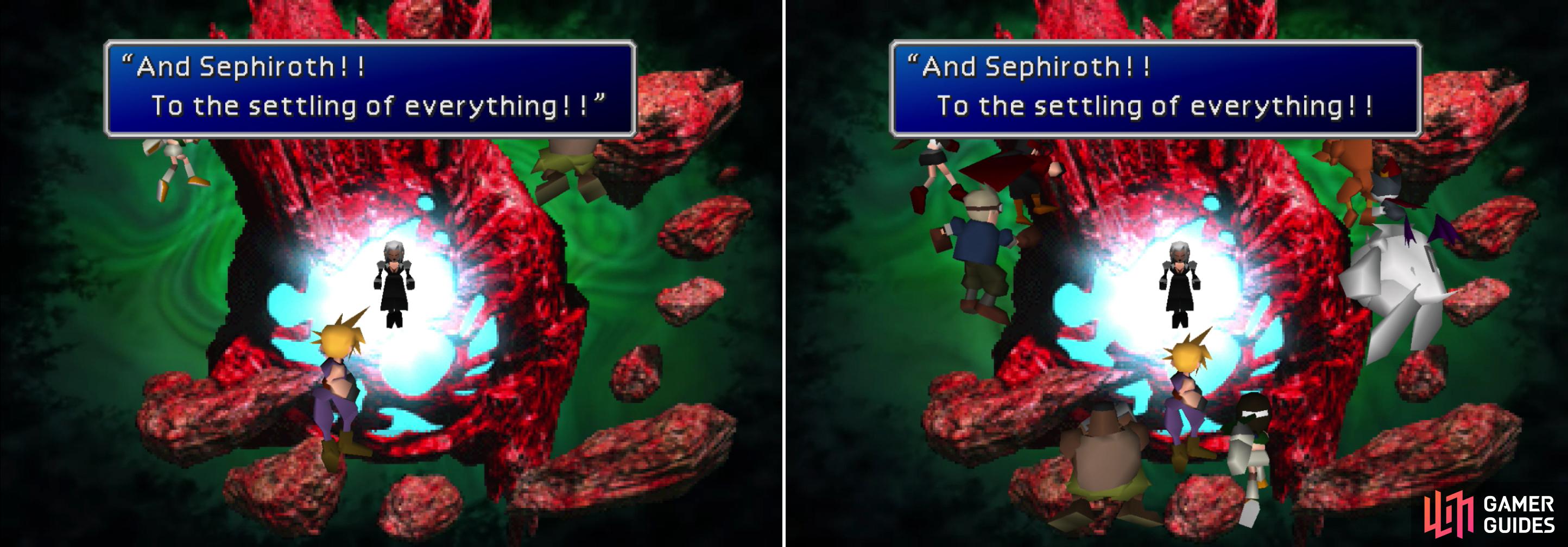 Depending on a number of factors, Sephiroth might expel all but three characters from the next fight (left), making it a simpler encounter. A stronger party will retain more characters, which must be split into three groups (right).