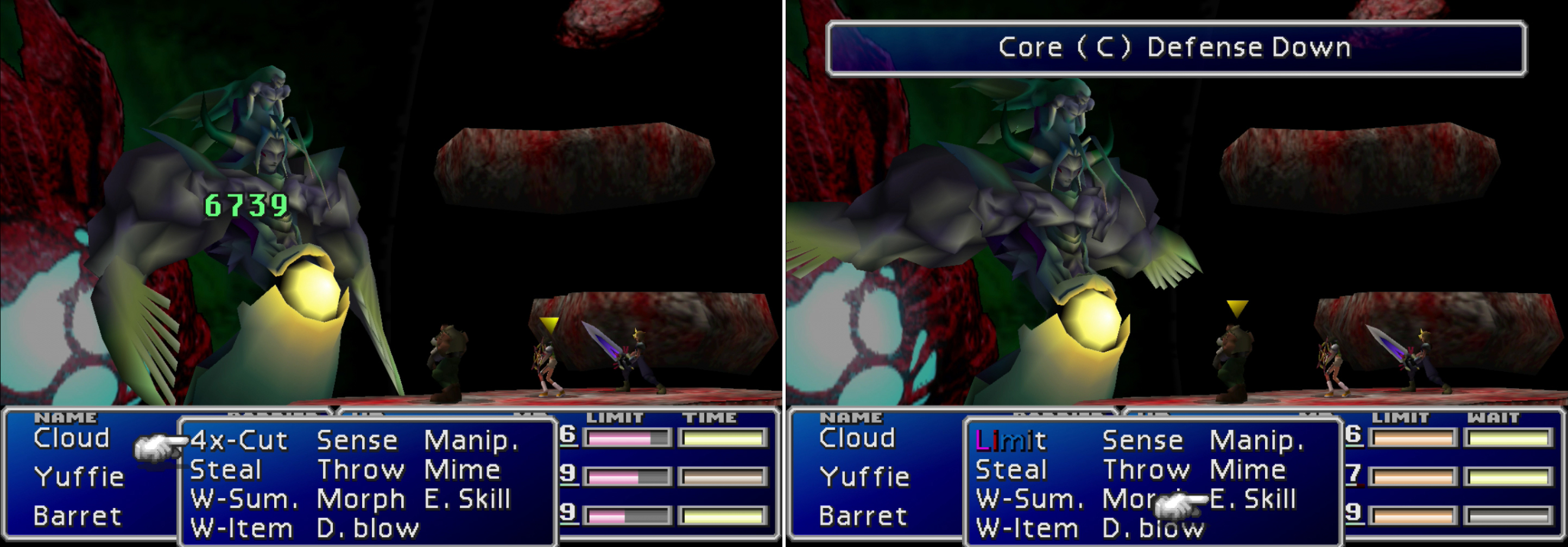 Bizarro Sephiroth will regularly heal itself with Bizarro Energy (left) unless you can take out its core. To leave the core vulnerable you have to destroy one of its arms (left) which will cast offensive spells while alive.