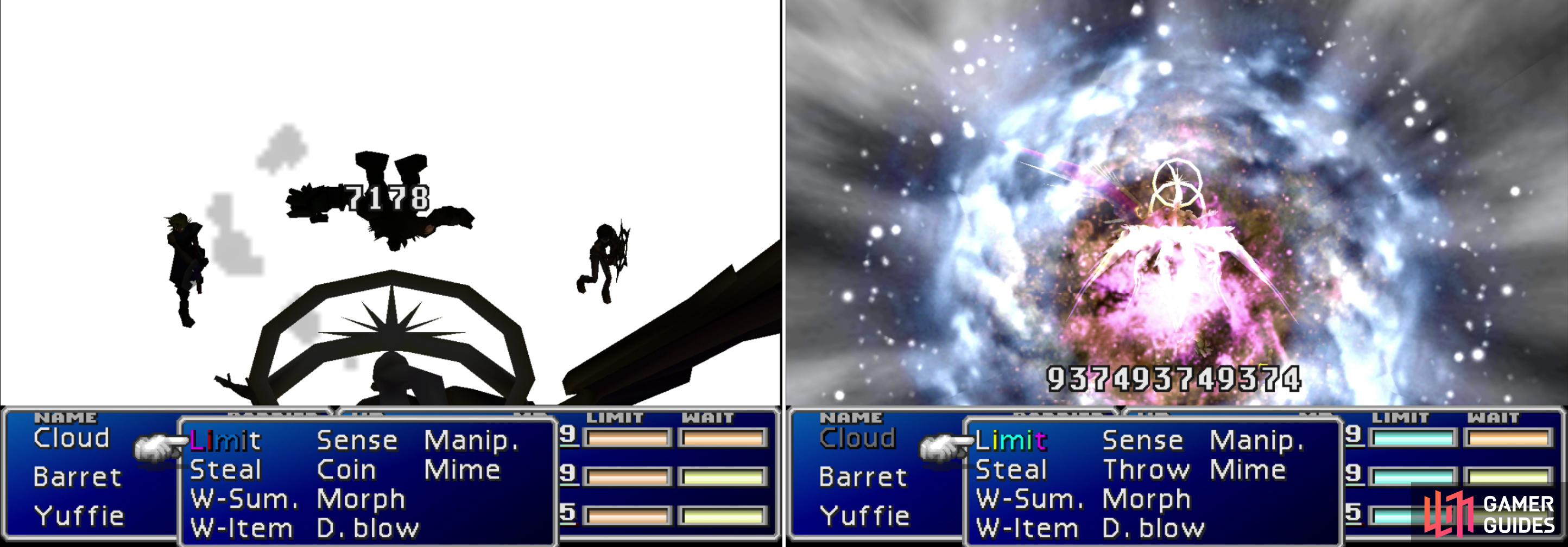 Safer Sephiroth's "Shadow Flare" attack can deal massive damage to one character (left). But his most danger - and absurdly elaborate - attack is "Super Nova", which inflicts a number of status effects and reduces all party members to 1/16th of their current HP (right).