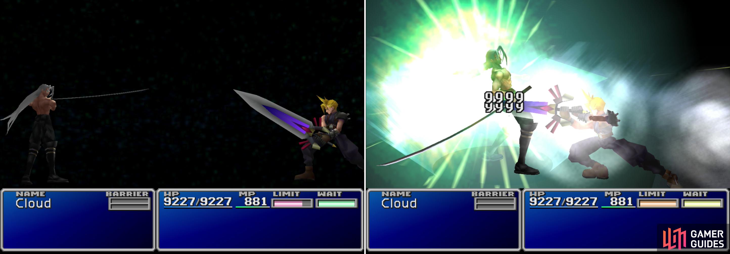 Cloud and Sephiroth will face off one final time (left). After his Limit Meter charges, unleash Cloud's devastating "Omnislash" Limit Break to finally settle the score (right). This one's for you, Aeris.