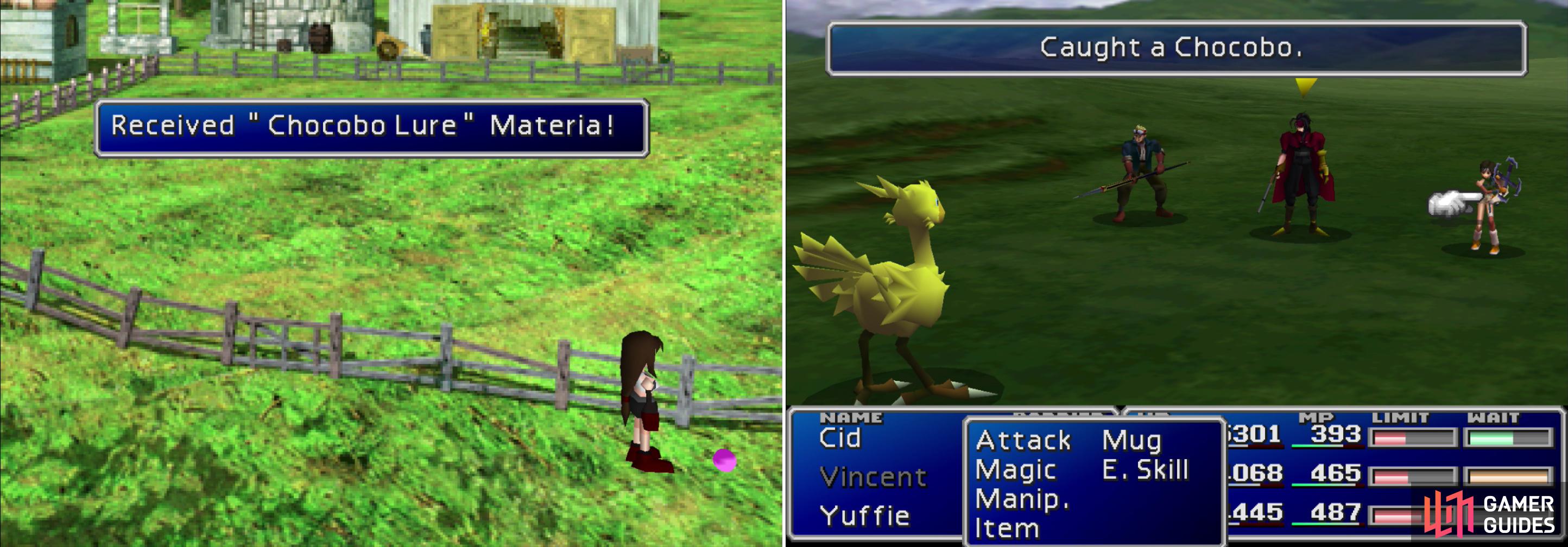You can score some Chocobo Lure Materia if you return to the Chocobo Farm in disc 2 (left). Quickly kill the enemies traveling with a Chocobo to capture it!