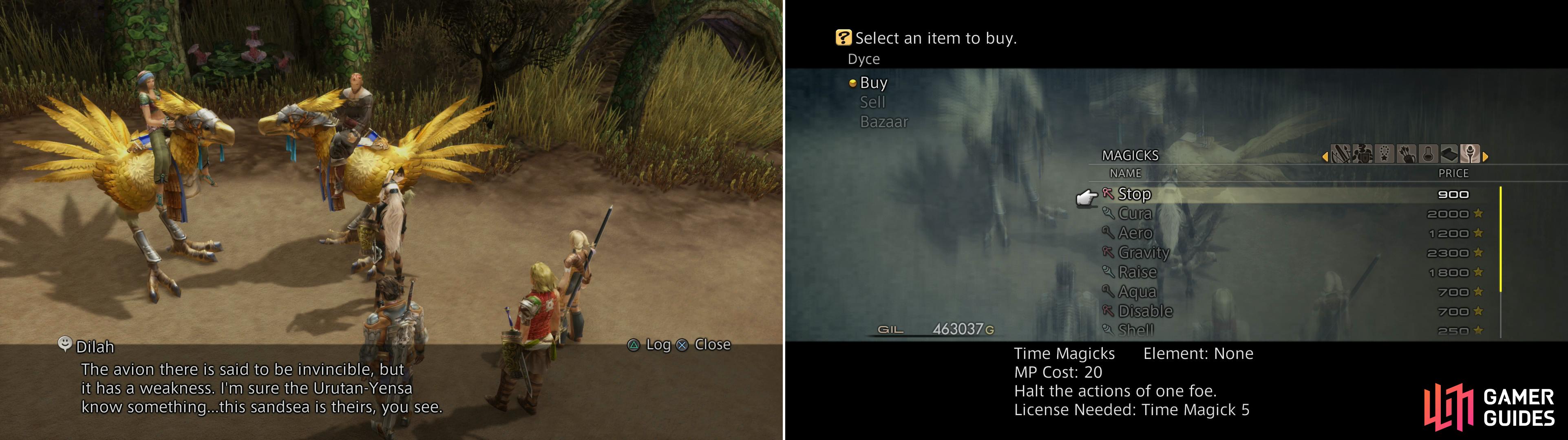 Talk to the mounted merchant to gain some advice about a foe looming ahead (left). You can also buy new magicks from him (right).