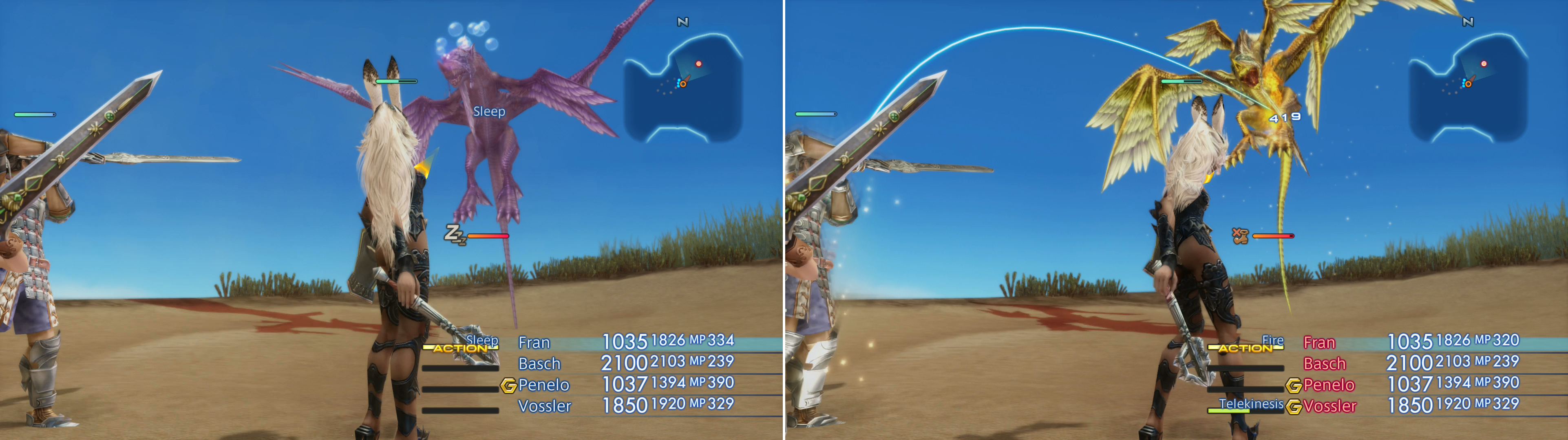 Wyvern Lord can be put to Sleep (left), and when defenseless can be pelted with magicks (right).