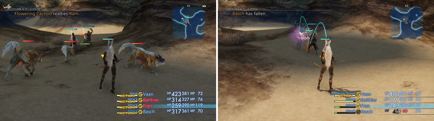 The Flowering Cactoid will run, bringing other enemies into the fight (left). When it gets low on health, watching out for its 1,000 Needles attack (right).